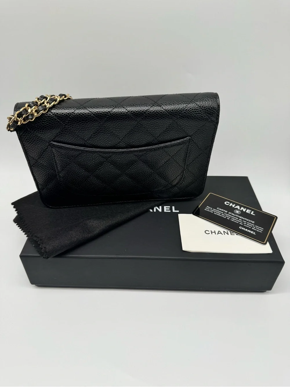 CHANEL Black Quilted Caviar Leather Crossbody with Gold Chain